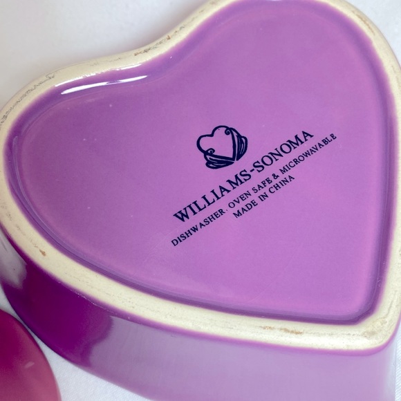 WILLIAMS SONOMA 2 HEART SHAPED BAKING DISHES BOWLS PINK PURPLE VALENTINES DAY - Picture 7 of 7